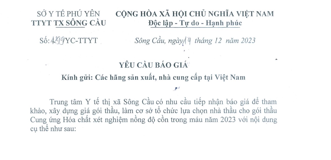 YCBG gói thầu Cung ứng Hóa chất xét nghiệm nồng độ cồn trong máu năm 2023